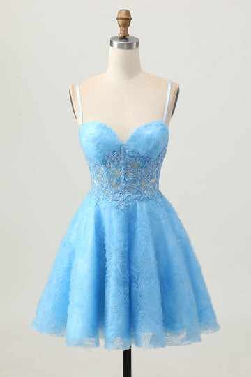 A Line Blue Short Corset Homecoming Dress with Appliques